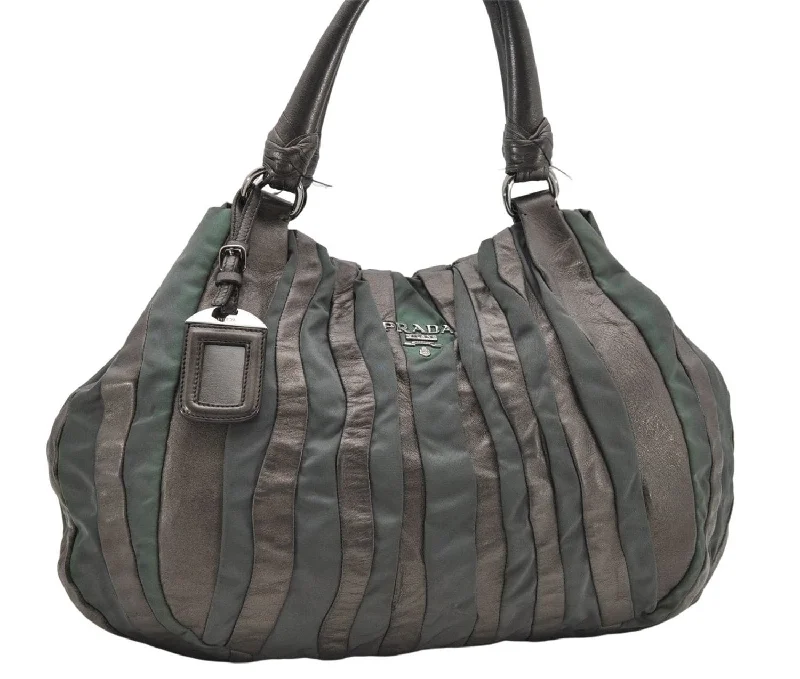 Ladies Prada shoulder bags with a single - handle design for simplicityAuthentic PRADA Nylon Leather Shoulder Hand Bag Purse Khaki Green 4903D