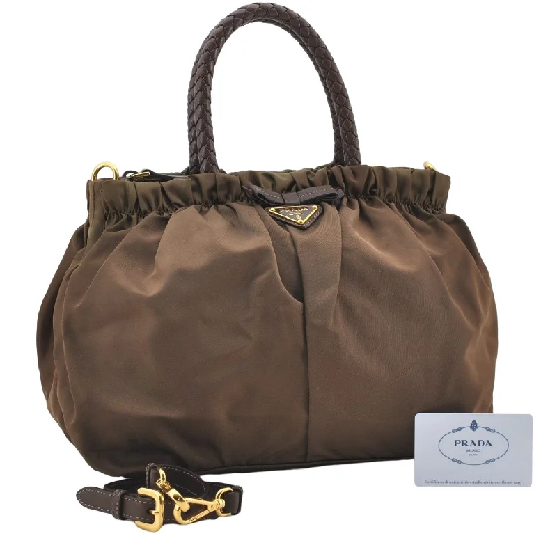 Prada bags with a snap - button closure and a decorative charm for a fashionable lookAuthentic PRADA Nylon Tessuto Bow 2Way Shoulder Hand Bag Purse Brown Khaki 0442E