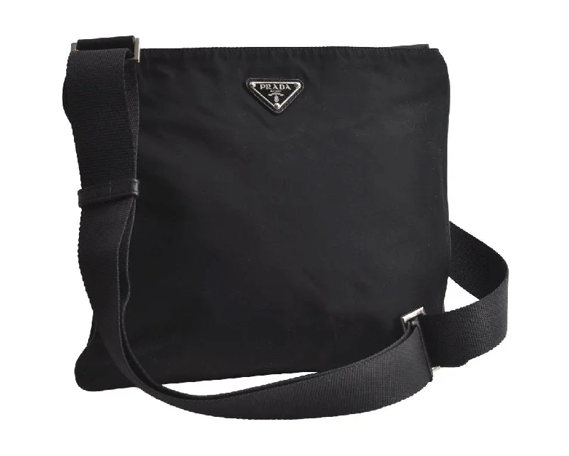 Prada Cahier bags featuring the signature triangular logo plaqueAuthentic PRADA Nylon Tessuto Leather Shoulder Cross Body Bag Black 3975I