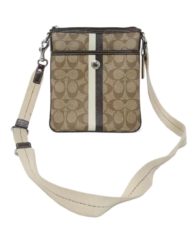 Coach crossbody bags with a woven leather strap for a unique textureCoach Tan & Brown Logo Crossbody