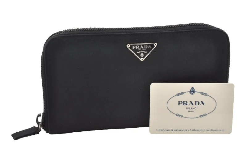 Prada Cahier bags with a leather - wrapped handle for a luxurious feelAuthentic PRADA TESSUTO Nylon Saffiano Leather Long Wallet M506 Black 4096I