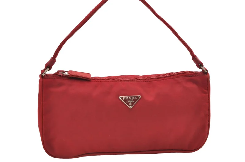 Ladies Prada shoulder bags with a tassel - adorned zipper for added charmAuthentic PRADA Nylon Hand Bag Pouch Purse Red 8649D