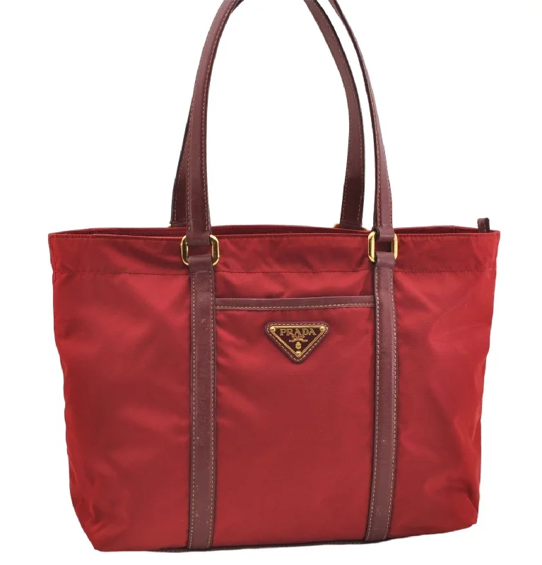 Prada tote bags with a printed Prada logo on the front for brand visibilityAuthentic PRADA Nylon Tessuto Leather Shoulder Tote Bag Red 0479E