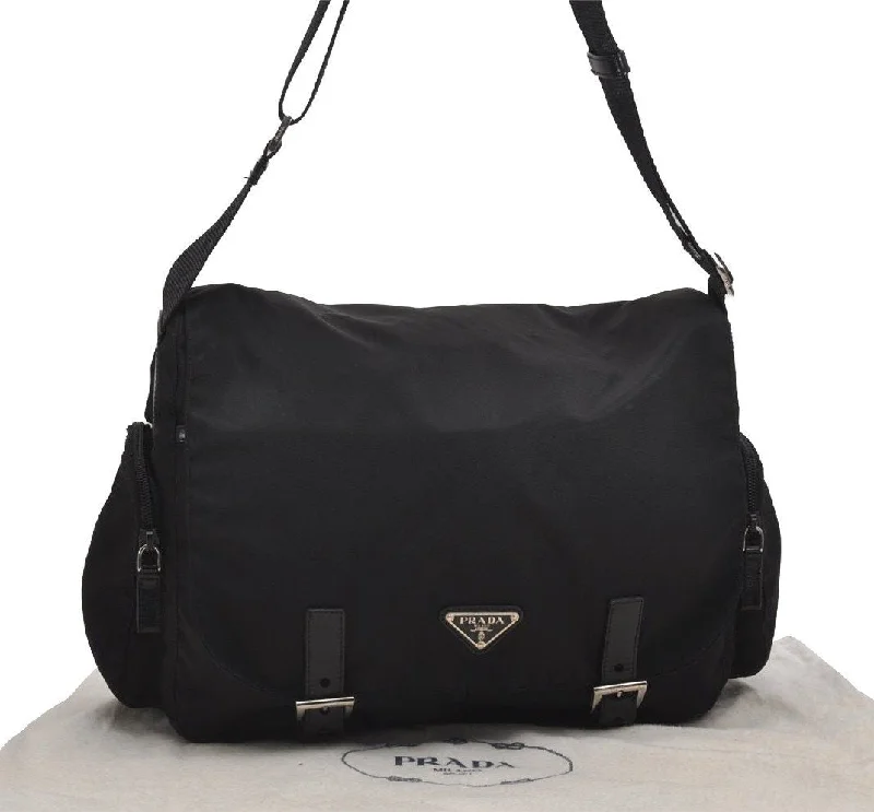 Prada nylon backpacks with a multi - pocket design for better organizationAuthentic PRADA Nylon Tessuto Leather Shoulder Cross Body Bag Black 2848J