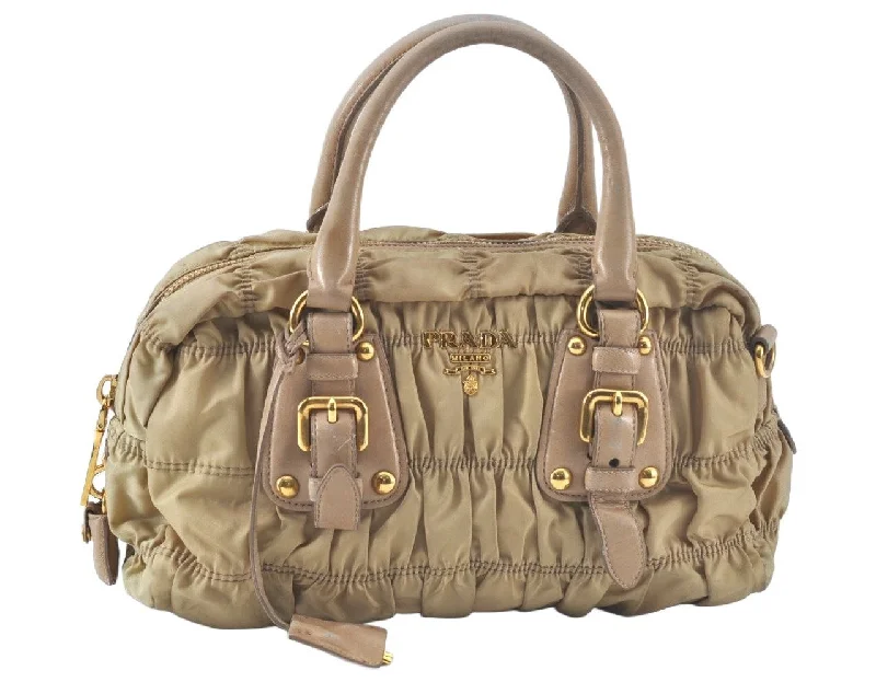 Prada Cleo bags with a crystal - embellished logo for added luxuryAuthentic PRADA Tessuto Gaufre Nylon Leather 2Way Shoulder Hand Bag Beige 3973J