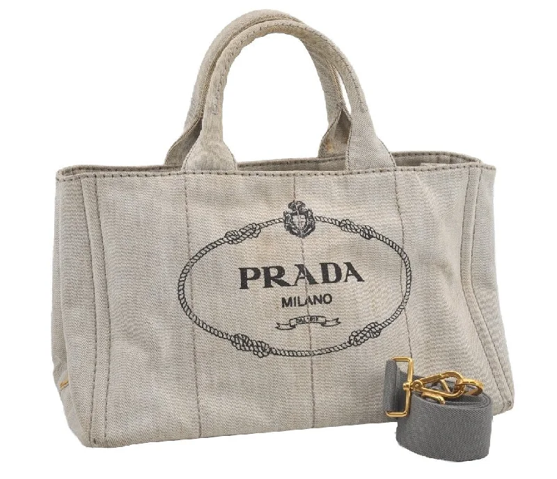 Prada Cleo bags with a crystal - embellished logo for added luxuryAuthentic PRADA Vintage Canapa M Canvas 2Way Tote Hand Bag White 4549I