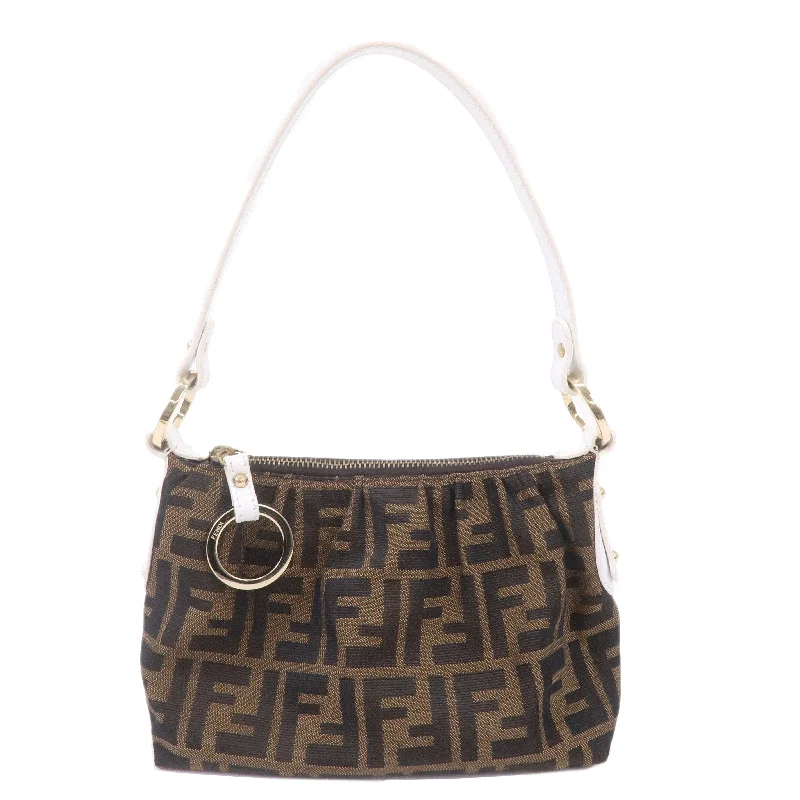 Fendi handbags with a glow - in - the - dark FF logo for a fun and unique featureFENDI Zucca Canvas Leather Hand Bag Shoulder Bag 8BR354