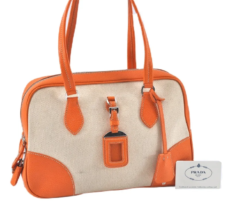 Ladies Prada Galleria bags with gold - toned hardware for a luxurious touchAuthentic PRADA Canvas Leather Boston Shoulder Hand Bag Beige Orange J5561