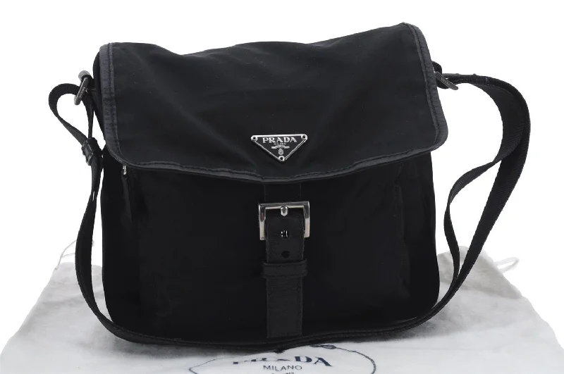 Prada bags with a chain - link trim and a leather body for a modern and stylish edgeAuthentic PRADA Nylon Leather Shoulder Cross Body Bag Purse Black 5052D