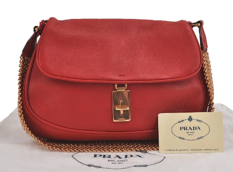 Prada Re - Edizione 2005 bags with a retro - inspired designAuthentic PRADA DAINO TREND Leather Nappa Chain Shoulder Bag BR0167 Red 2240J