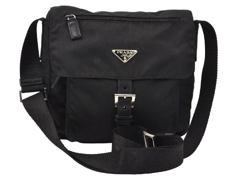 Prada Cahier bags with a detachable shoulder strap for versatile carryingAuthentic PRADA Nylon Tessuto Leather Shoulder Cross Body Bag Purse Black 4011K