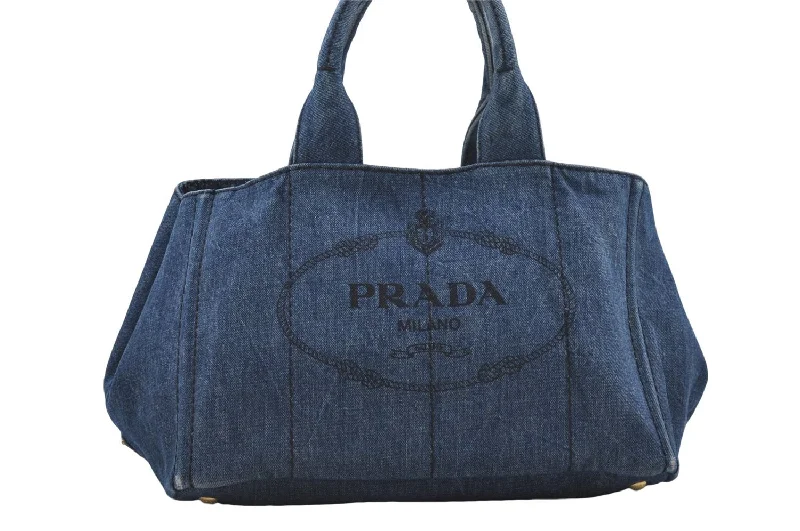 Ladies Prada Galleria bags with a detachable shoulder strapAuthentic PRADA Canapa M Denim Tote Hand Bag Blue 7041D