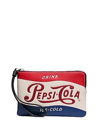 Coach bags with a front - flap pocket and a turnlock for a classic aestheticCoach Corner Zip Wristlet With Pepsi Cola Motif