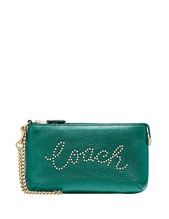 Coach bags with a detachable mirror inside for quick touch - upsCoach Large Wristlet With Studded Coach Script