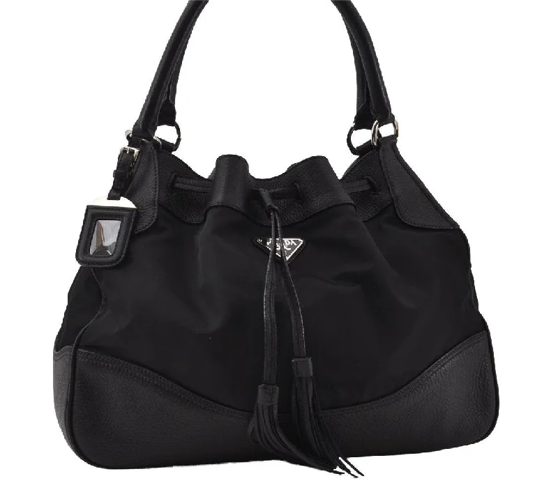 Ladies Prada Galleria bags with a detachable shoulder strapAuthentic PRADA Nylon Tessuto Leather Tassel Drawstring Tote Bag Black 4550I