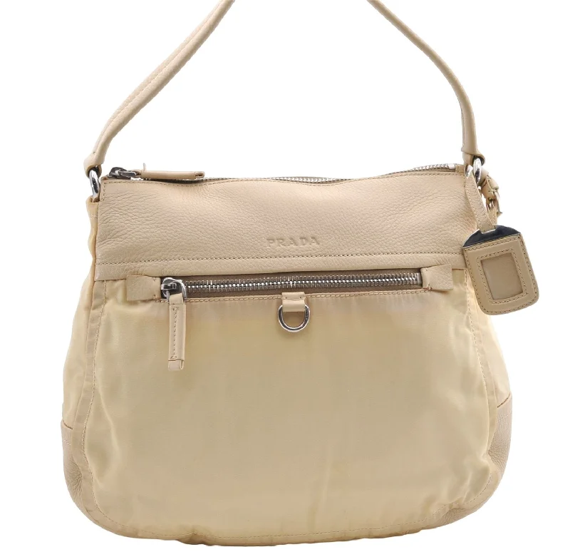 Prada handbags with a patent - leather finish for a shiny and sophisticated appearanceAuthentic PRADA Nylon Tessuto Leather Shoulder Hand Bag Light Yellow 0439E