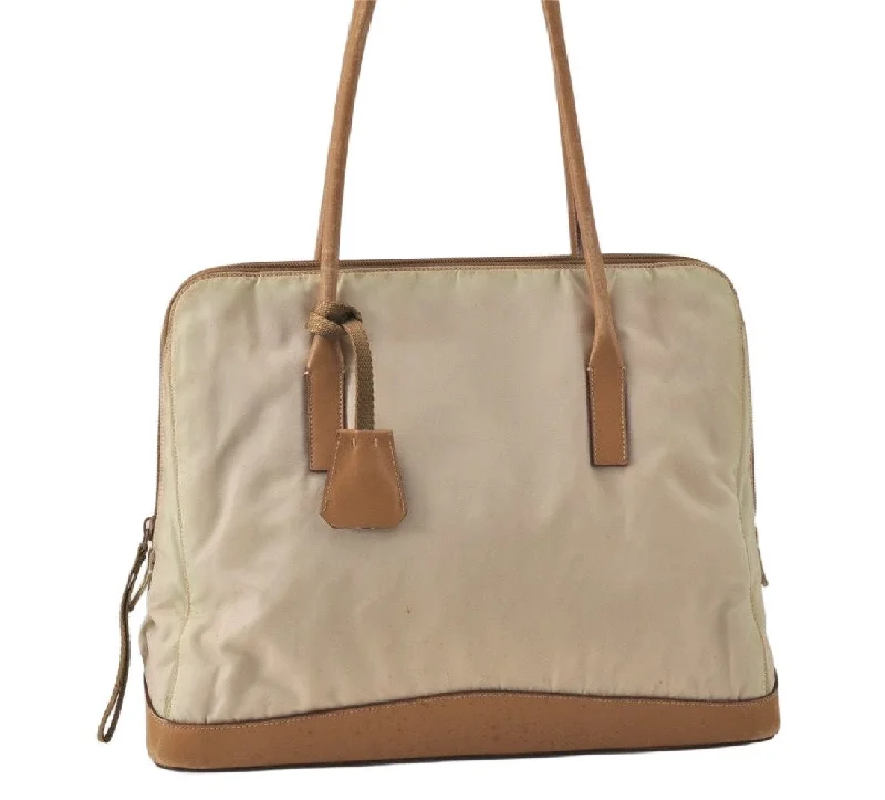 Prada tote bags with a double - handle and shoulder - strap option for easy useAuthentic PRADA Vintage Nylon Tessuto Leather Shoulder Tote Bag Beige 3976K