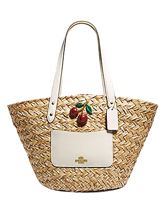 Ladies Coach shoulder bags with a tassel - decorated zipper for added charmCoach Straw Basket Tote With Cherry