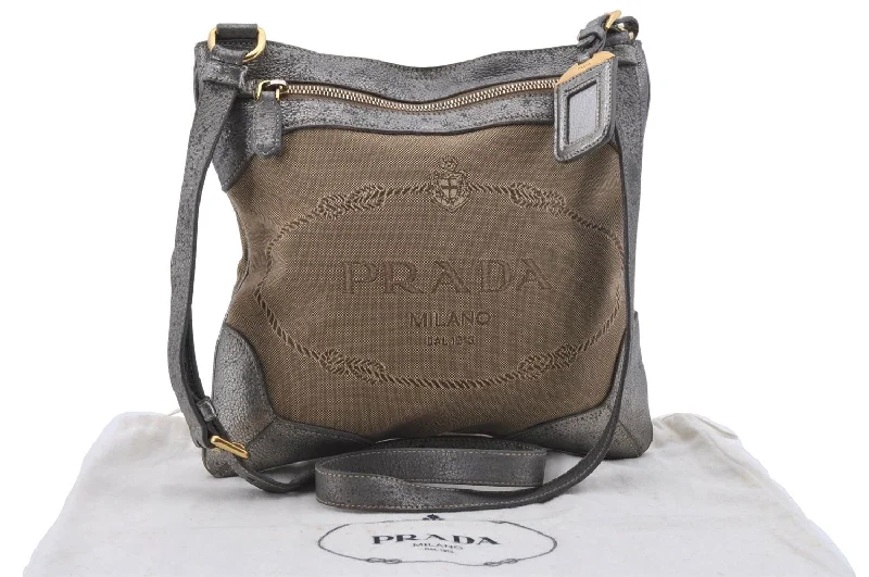 Prada bags with a front - flap pocket for quick access to essentialsAuthentic PRADA Canvas Leather Shoulder Cross Body Bag Purse Beige Silver 4515D