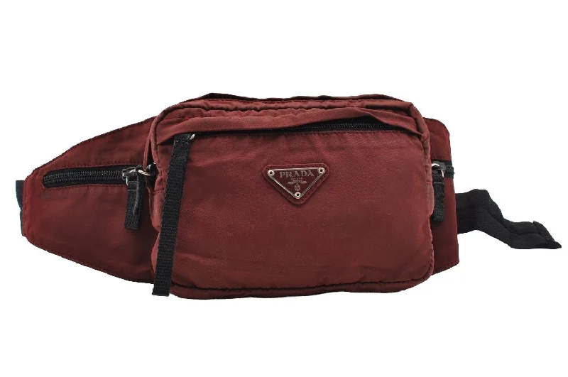 Prada handbags with a metal - framed clasp for durability and styleAuthentic PRADA Vintage Nylon Tessuto Waist Body Bag Purse Bordeaux Red 4551I