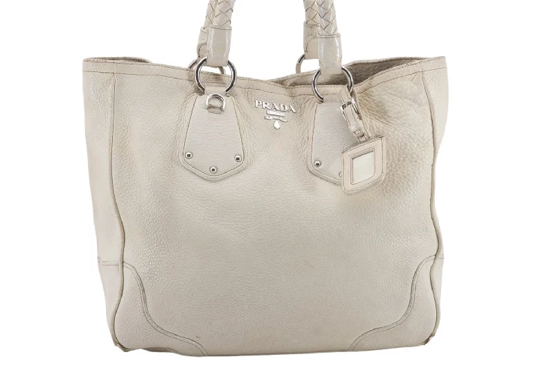 Prada bags with a back - zip pocket for storing valuables securelyAuthentic PRADA Leather 2Way Tote Hand Bag Ivory 8924D