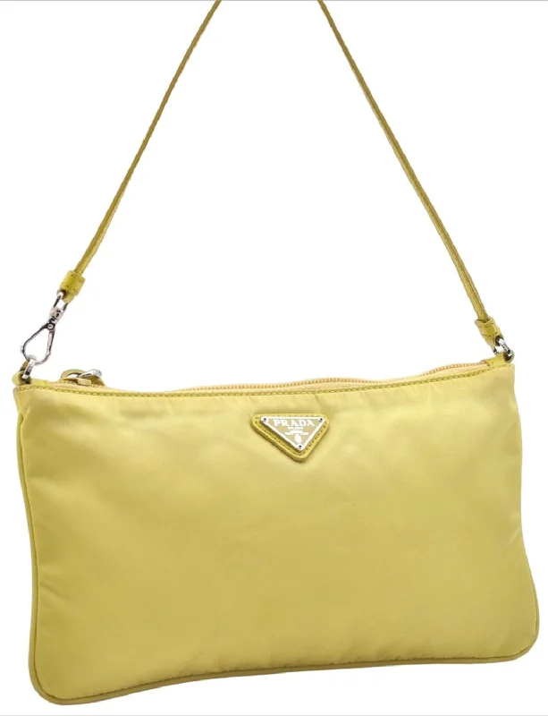 Ladies Prada shoulder bags with a tassel - adorned zipper for added charmAuthentic PRADA Nylon Tessuto Leather Shoulder Hand Bag Pouch Purse Yellow 6636E