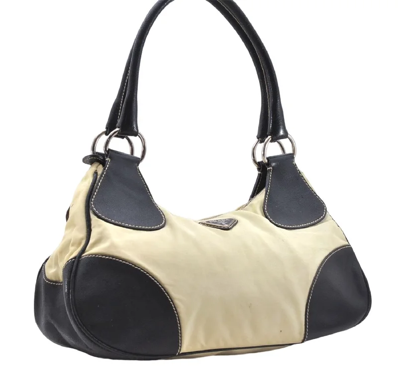 Prada Cleo bags with a snakeskin - effect panel for a bold and trendy lookAuthentic PRADA Nylon Tessuto Leather Shoulder Hand Bag Ivory Black 2654E