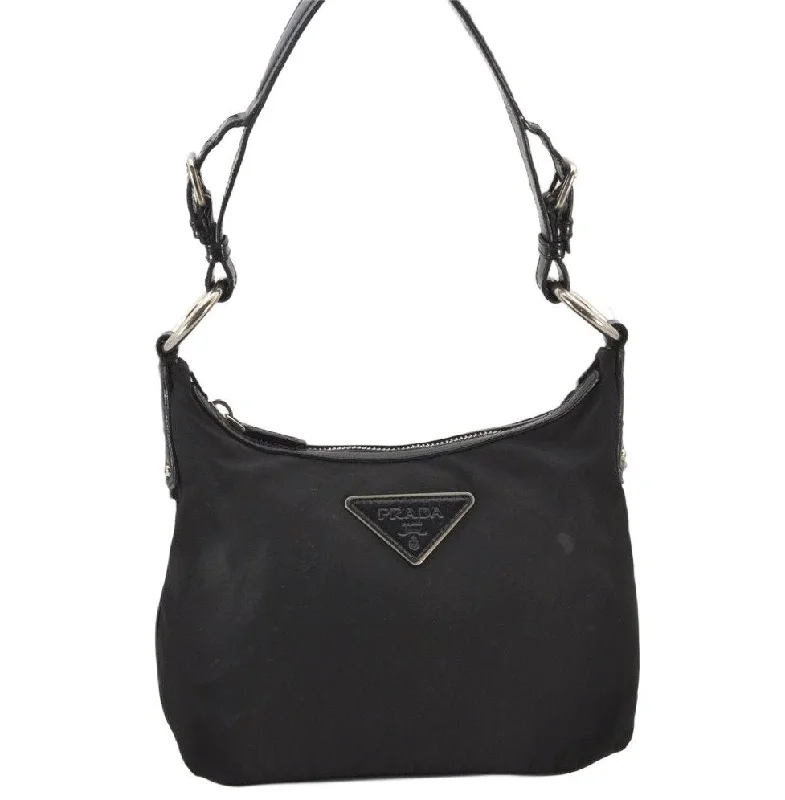 Ladies Prada handbags with a detachable wallet inside for added convenienceAuthentic PRADA Nylon Tessuto Leather Shoulder Hand Bag Purse Black 5747K