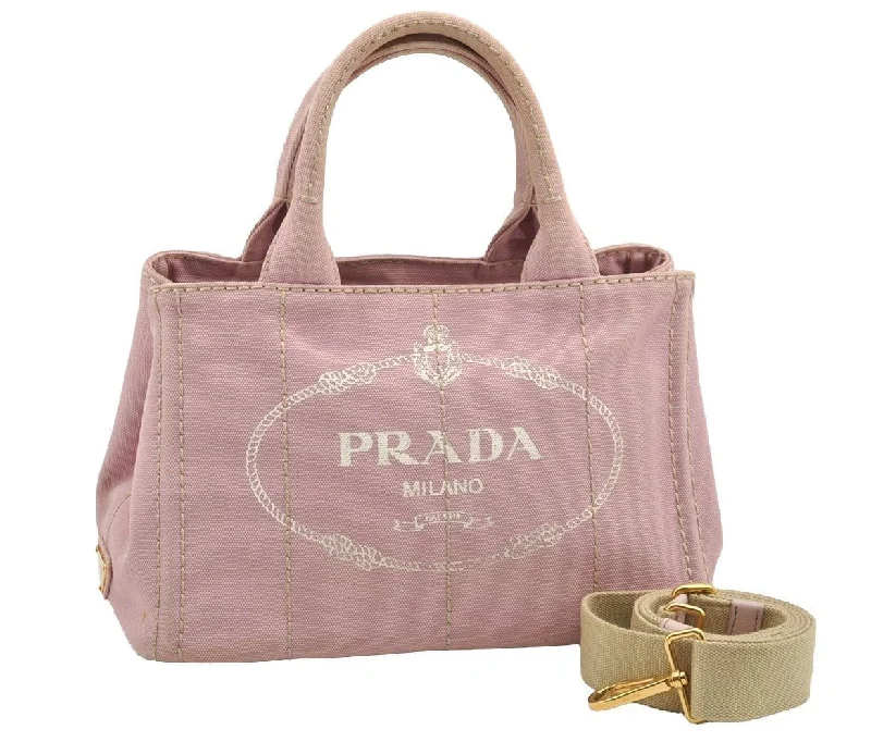 Prada crossbody bags with a keychain holder for practicalityAuthentic PRADA Canapa SS Canvas 2Way Shoulder Cross Body Hand Bag Pink 4598I