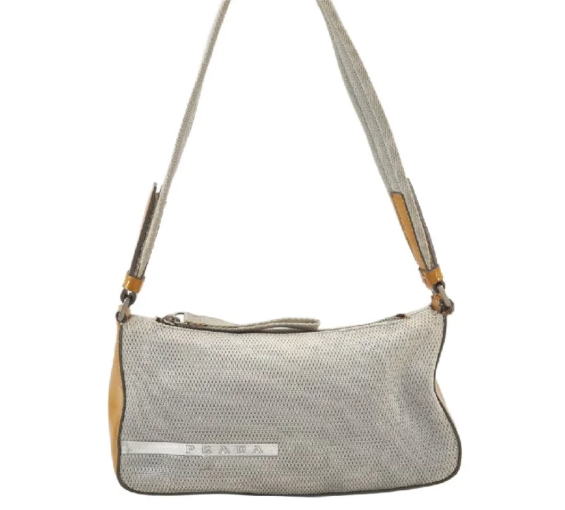 Ladies Prada handbags with a detachable wallet inside for added convenienceAuthentic PRADA Sports Polyester Enamel Shoulder Hand Bag Silver Yellow 4125K