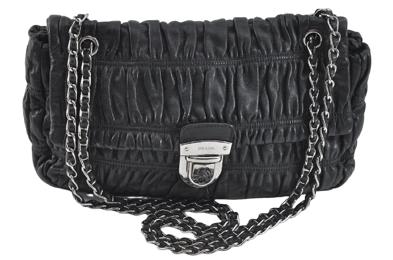 Prada bags with a front - flap pocket for quick access to essentialsAuthentic PRADA Leather Chain Shoulder Hand Bag Black Junk J4086