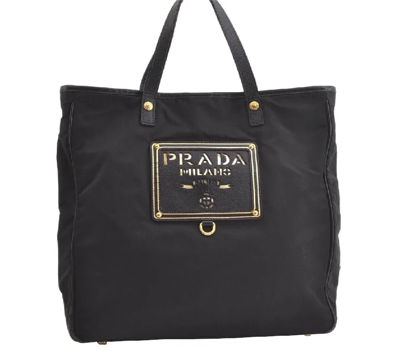 Prada tote bags with a double - handle and shoulder - strap option for easy useAuthentic PRADA Nylon Tessuto Saffiano Leather 2Way Tote Bag Black 3727K