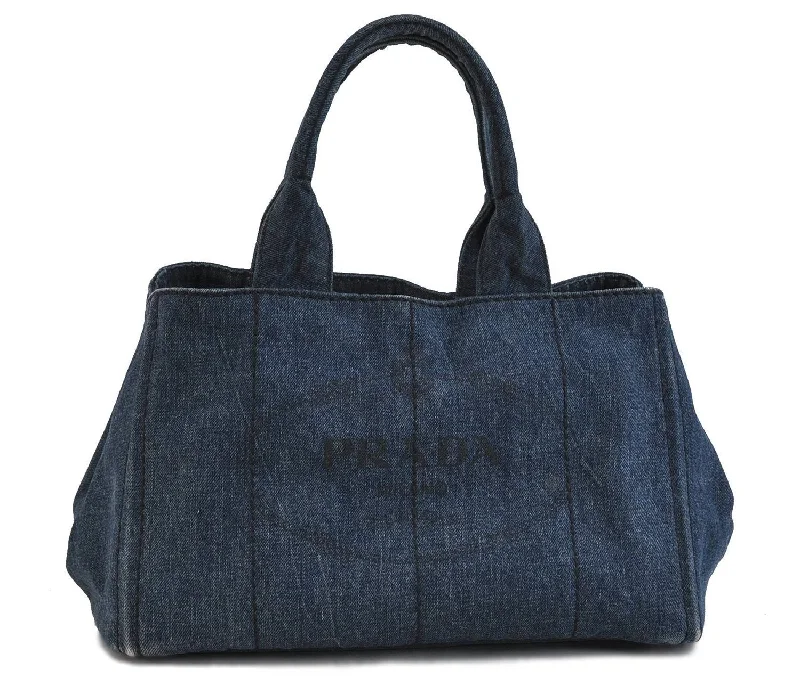 Prada bags with a front - flap pocket for quick access to essentialsAuthentic PRADA Canapa Canvas Tote Hand Bag Purse Denim Blue 5601C