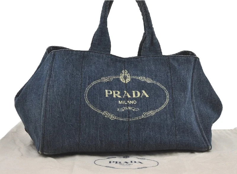 Prada bags with a front - flap pocket for quick access to essentialsAuthentic PRADA Canapa L Vintage Tote Hand Bag Denim Blue 4889I