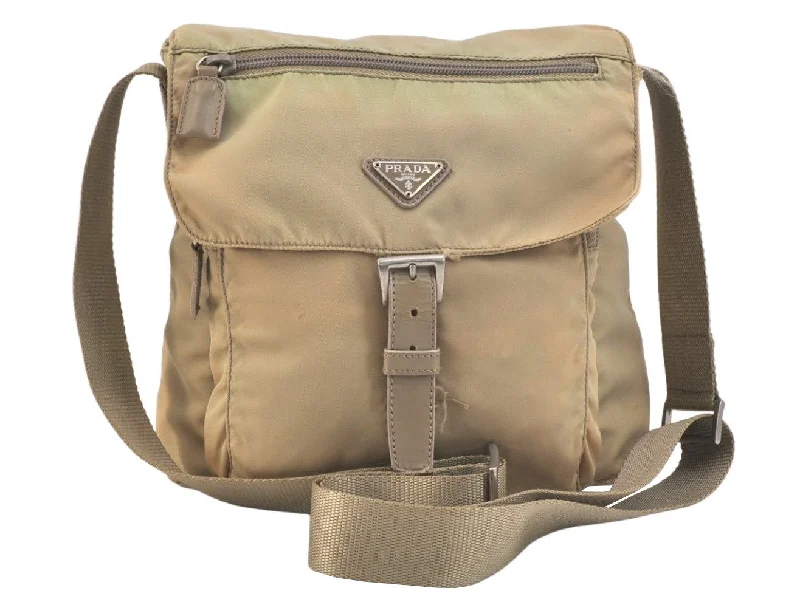 Prada handbags with a patent - leather finish for a shiny and sophisticated appearanceAuthentic PRADA Nylon Tessuto Leather Shoulder Cross Body Bag Beige 3277K