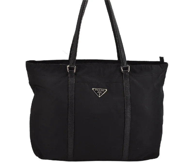 Prada handbags with a perforated leather detail for a unique and breathable designAuthentic PRADA Vintage Nylon Tessuto Leather Tote Shoulder Bag Black 3134K