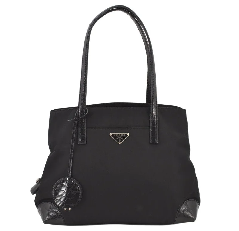 Ladies Prada Re - Edizione 2005 bags with a star - shaped charm for a playful touchAuthentic PRADA Nylon Tessuto Leather Shoulder Hand Bag Purse Black 4280K