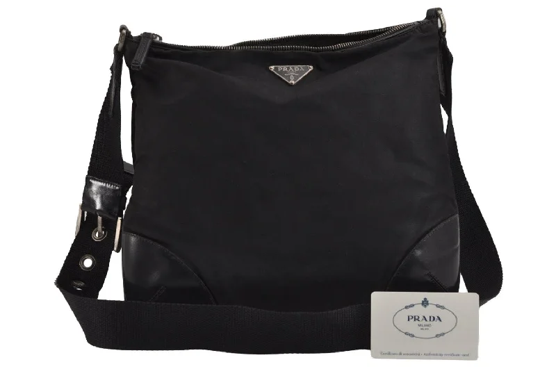 Prada bags with a front - zip pocket for small items like cards and keysAuthentic PRADA Nylon Tessuto Leather Shoulder Cross Body Bag Black Junk 3972J