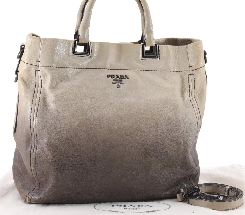 Prada bags with a back - zip pocket for storing valuables securelyAuthentic PRADA Leather Nappa 2Way Shoulder Tote Bag Gradation Ivory Gray 7994E