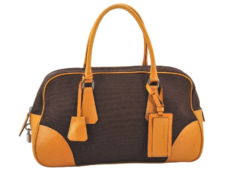 Prada bags with a snap - button closure and a decorative charm for a fashionable lookAuthentic PRADA Canvas Leather Shoulder Hand Bag Brown Yellow 4296K