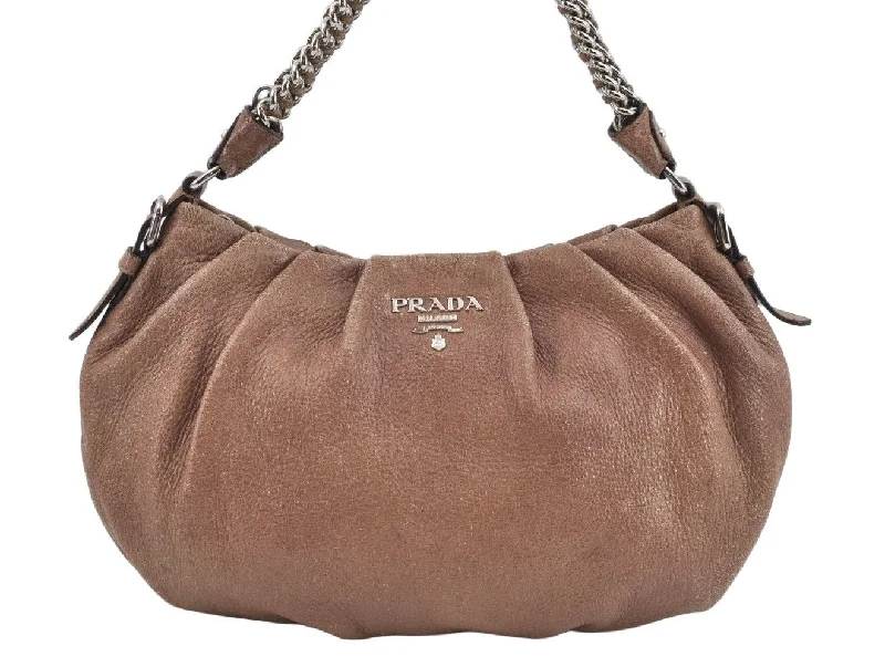 Prada Cahier bags with a leather - wrapped handle for a luxurious feelAuthentic PRADA Leather Lame Chain Shoulder Hand Bag Beige Pink L0269