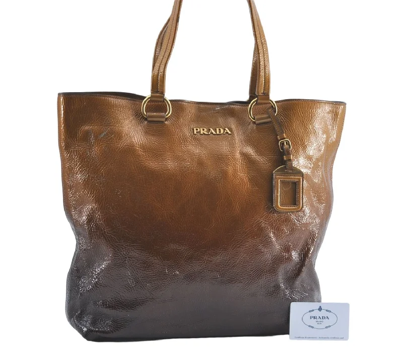 Prada bags with a zippered interior pocket for separating itemsAuthentic PRADA Enamel Shoulder Tote Bag Purse BR4059 Brown G3058