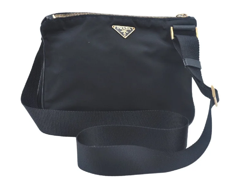 Prada tote bags with a double - handle and shoulder - strap option for easy useAuthentic PRADA Nylon Tessuto Leather Shoulder Cross Body Bag Purse Black L0392