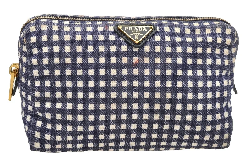 Prada handbags with a patent - leather finish for a shiny and sophisticated appearanceAuthentic PRADA Gingham Check Canvas Saffiano Leather Pouch Purse Blue 4107I