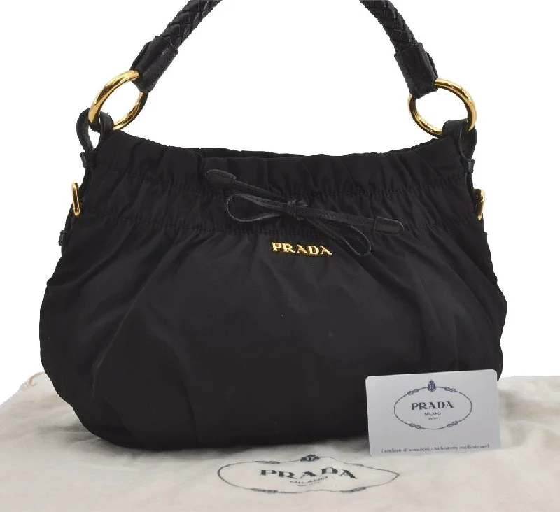 Prada bags with a detachable mobile phone holder for on - the - go convenienceAuthentic PRADA TESSUTO BOW Ribbon Nylon Leather Hand Bag BR4237 Black 4846I