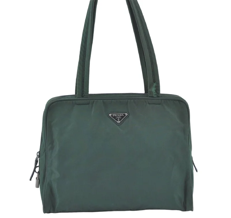 Ladies Prada handbags with a detachable wallet inside for added convenienceAuthentic PRADA Nylon Tessuto Leather Shoulder Tote Bag Green J2131