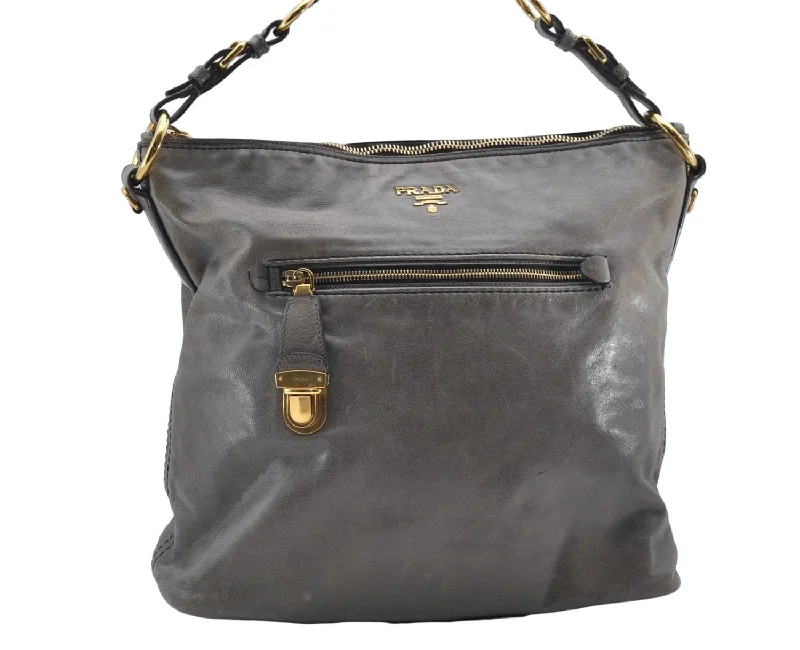 Prada bags with a chain - link trim and a leather body for a modern and stylish edgeAuthentic PRADA Leather 2Way Shoulder Tote Bag Gray 9326D