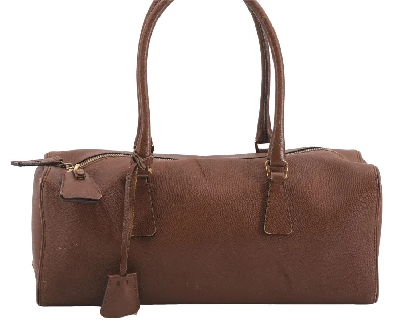 Prada Cahier bags with a leather - wrapped handle for a luxurious feelAuthentic PRADA Leather Nappa Shoulder Hand Bag Brown 0368E