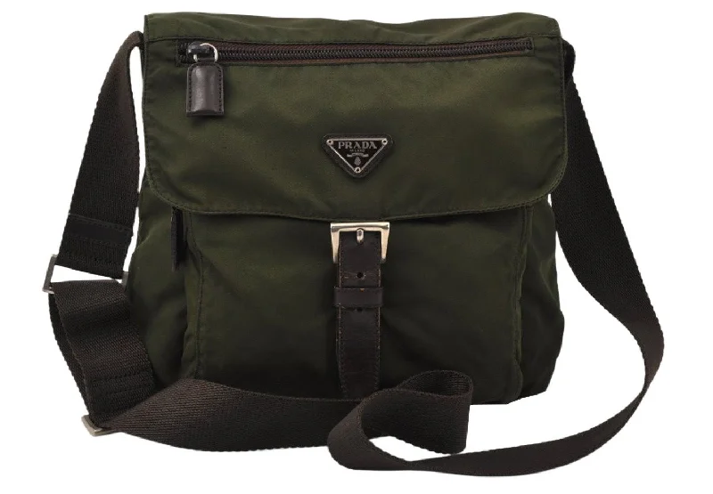 Ladies Prada shoulder bags with a wide - width strap for enhanced comfortAuthentic PRADA Nylon Tessuto Leather Shoulder Cross Body Bag Purse Green 3723K