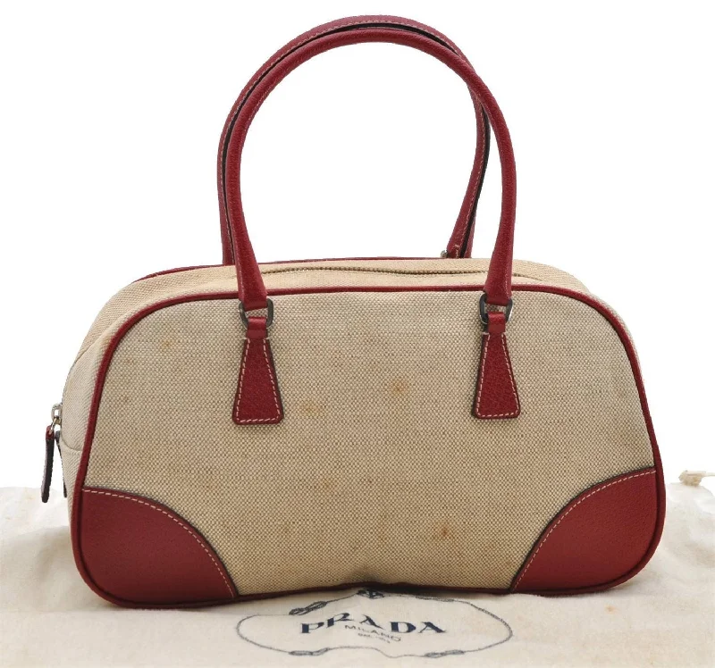 Prada Cleo bags with a curved shape and a chain - link shoulder strapAuthentic PRADA Canvas Leather Shoulder Hand Bag Purse Ivory Red 4391D